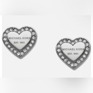 Designer Michael KORS small Silver pave Swarovski Crystal Heart Stud earrings